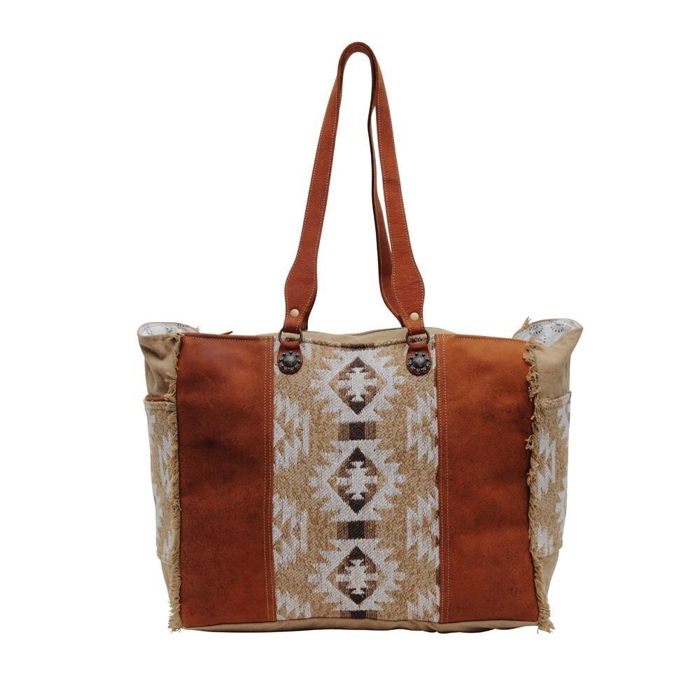 Myra Bag Handmade Camilla Weekender Bag Upcycled Canvas & Cowhide Leather - Picture 2 of 8